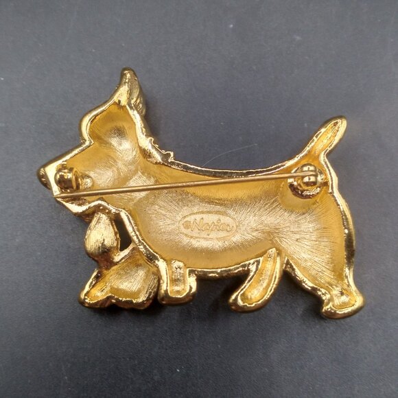 Signed NAPIER Scottish Terrier Dog Brooch with Pink Clear Crystals Gold plated - Picture 3 of 4